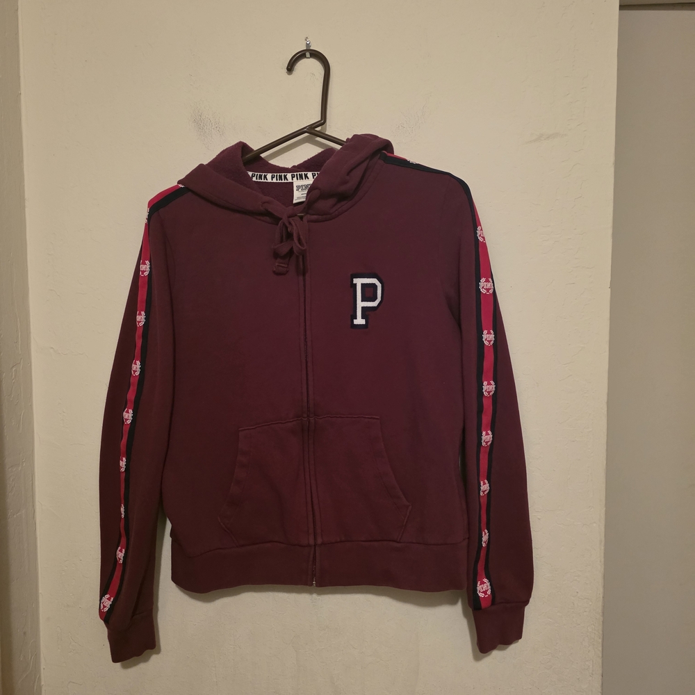 PINK Victoria's Secret Maroon Hoodie with Pink Accents Size Medium